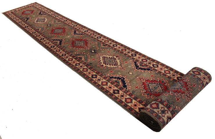 2' x 27' Beautiful Handmade Red Kazak Rug- Natural Wool