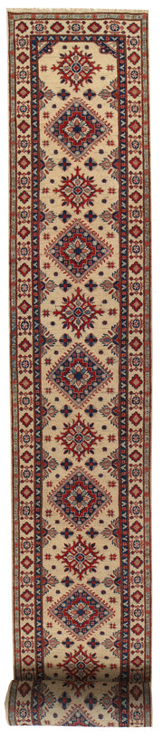 2' x 26' Beautiful Handmade Ivory Kazak Rug- Natural Wool