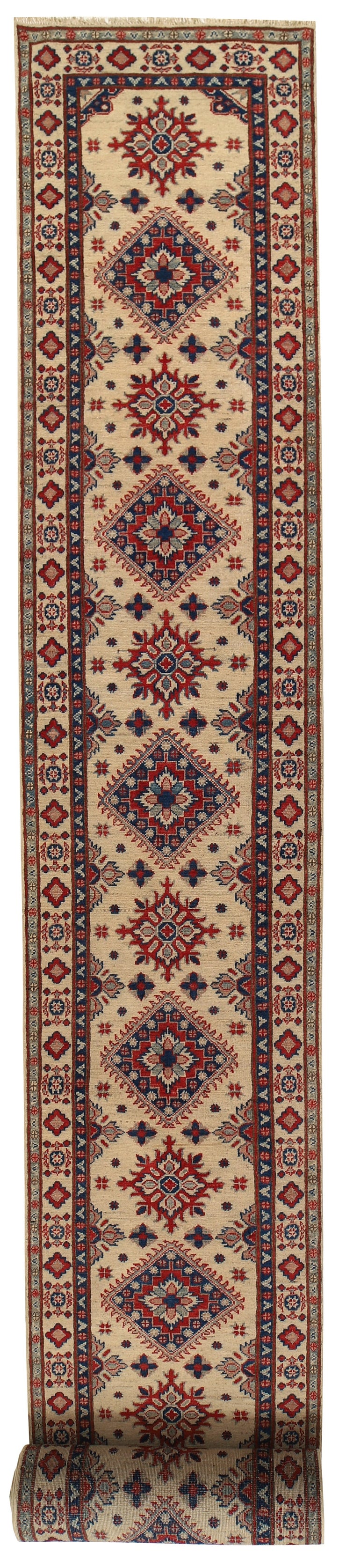 2' x 26' Beautiful Handmade Ivory Kazak Rug- Natural Wool