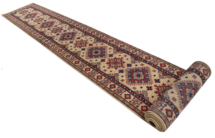 2' x 26' Beautiful Handmade Ivory Kazak Rug- Natural Wool