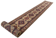 2' x 26' Beautiful Handmade Ivory Kazak Rug- Natural Wool