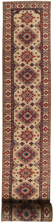 2' x 26' Beautiful Handmade Ivory Kazak Rug- Natural Wool