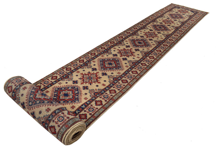 2' x 26' Beautiful Handmade Ivory Kazak Rug- Natural Wool