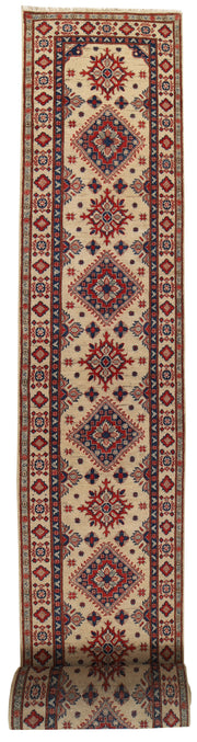 2' x 26' Beautiful Handmade Ivory Kazak Rug- Natural Wool