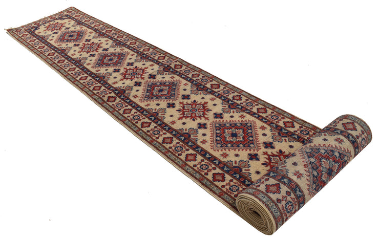 2' x 26' Beautiful Handmade Ivory Kazak Rug- Natural Wool