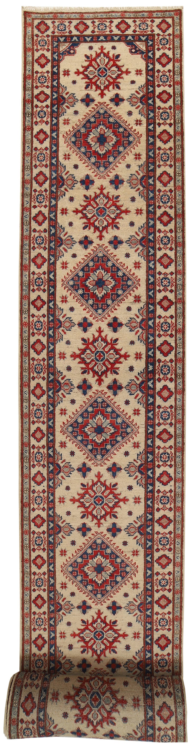 2' x 26' Beautiful Handmade Ivory Kazak Rug- Natural Wool