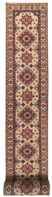 2' x 26' Beautiful Handmade Ivory Kazak Rug- Natural Wool