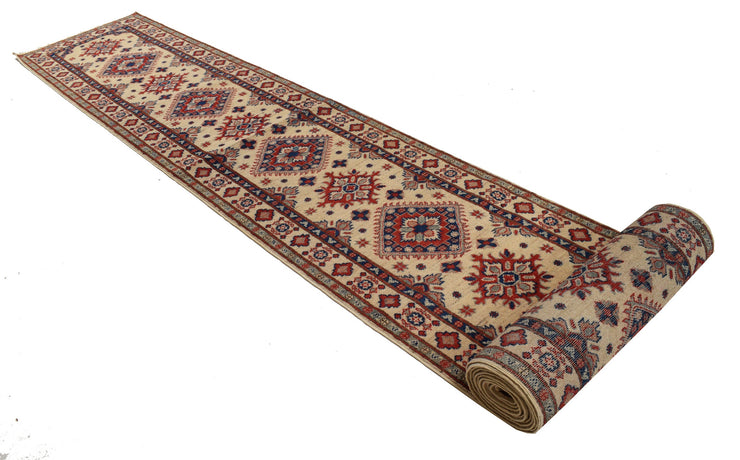 2' x 26' Beautiful Handmade Ivory Kazak Rug- Natural Wool