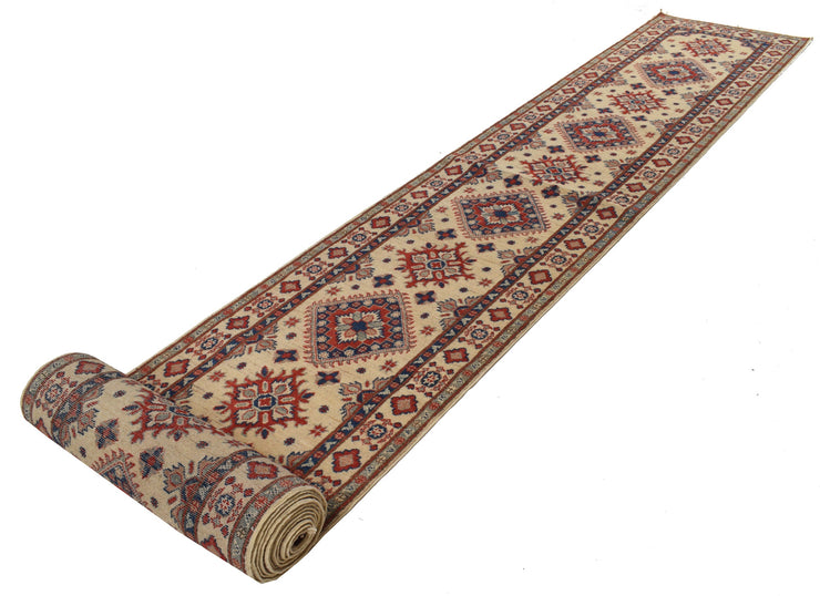 2' x 26' Beautiful Handmade Ivory Kazak Rug- Natural Wool