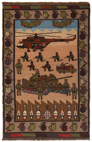 4' x 6' Pictorial War Rug Afghan tribe Handmade Wool Tank Helicopter