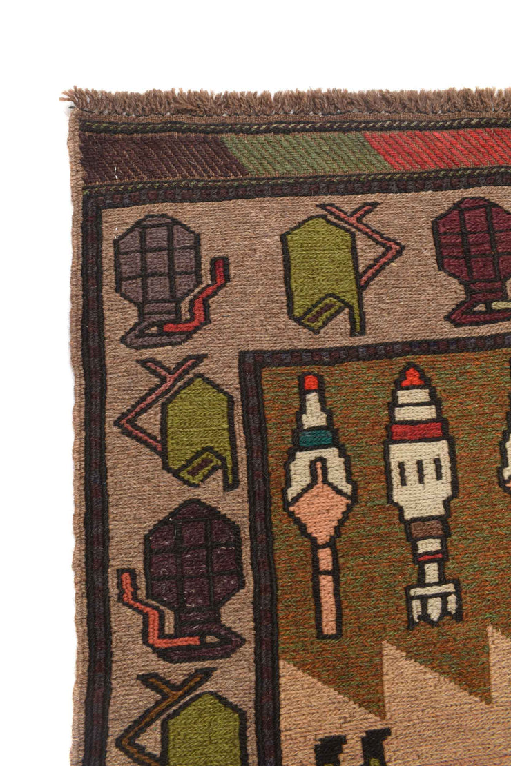 4' x 6' Pictorial War Rug Afghan tribe Handmade Wool Tank Helicopter