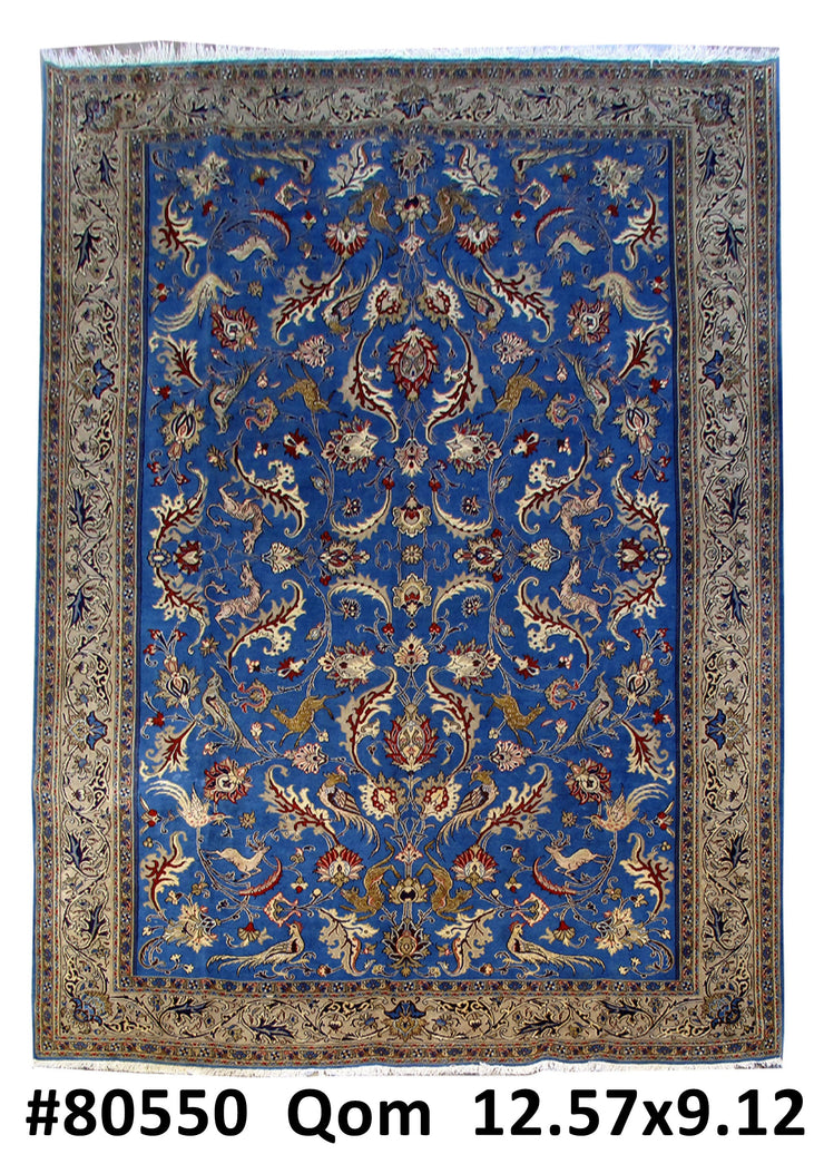 9' x 13' Blue Persian Qum Rug