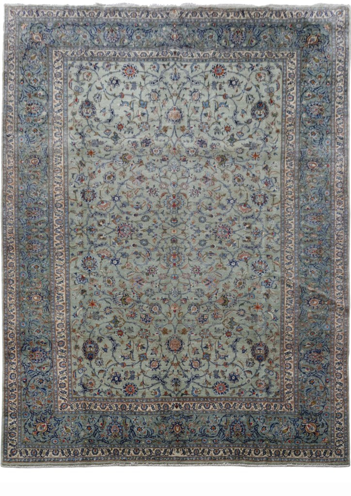 10' x 13' Pistachio Green Persian Signed Kashan Rug