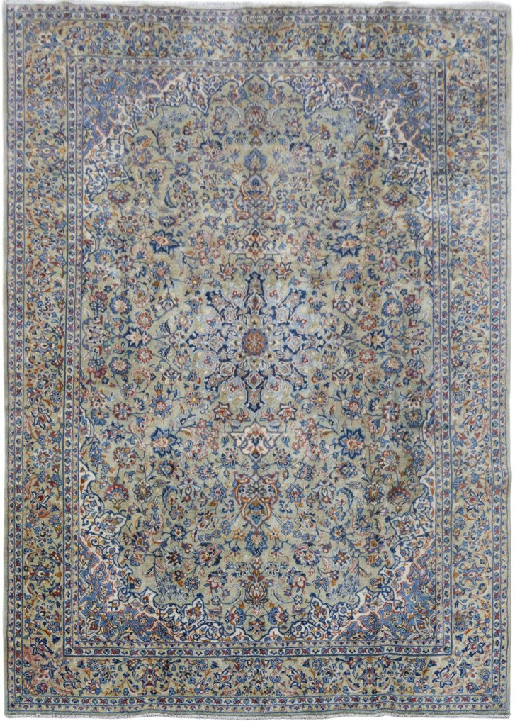 9' x 13' Ivory Persian Signed Kashan Rug