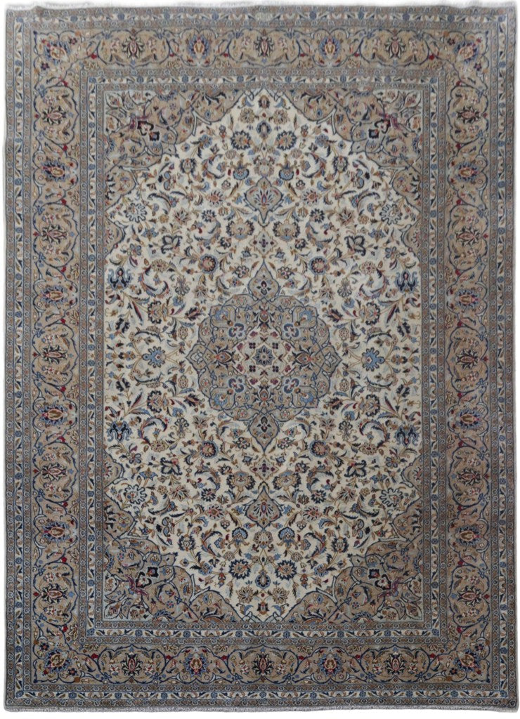 10' x 13' Ivory Persian Signed Kashan Rug