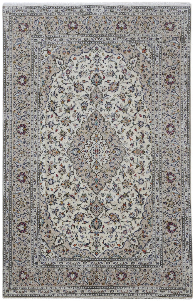 7' x 10' Ivory Persian Signed Kashan Rug