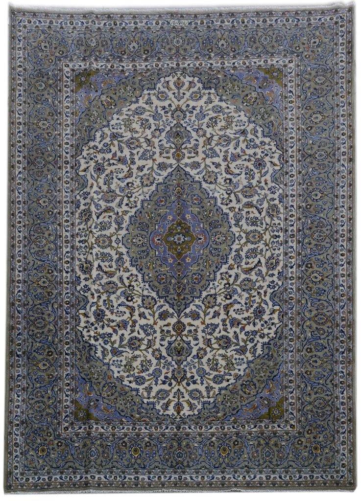 10x14 IVORY BLUE Persian Signed Kashan Rug - Iran 81223 - bestrugplace