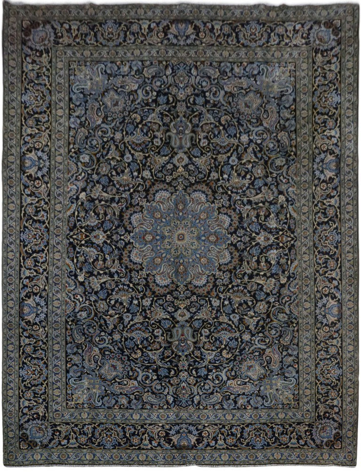 11' x 14' Navy Blue Persian Signed Kashan Rug