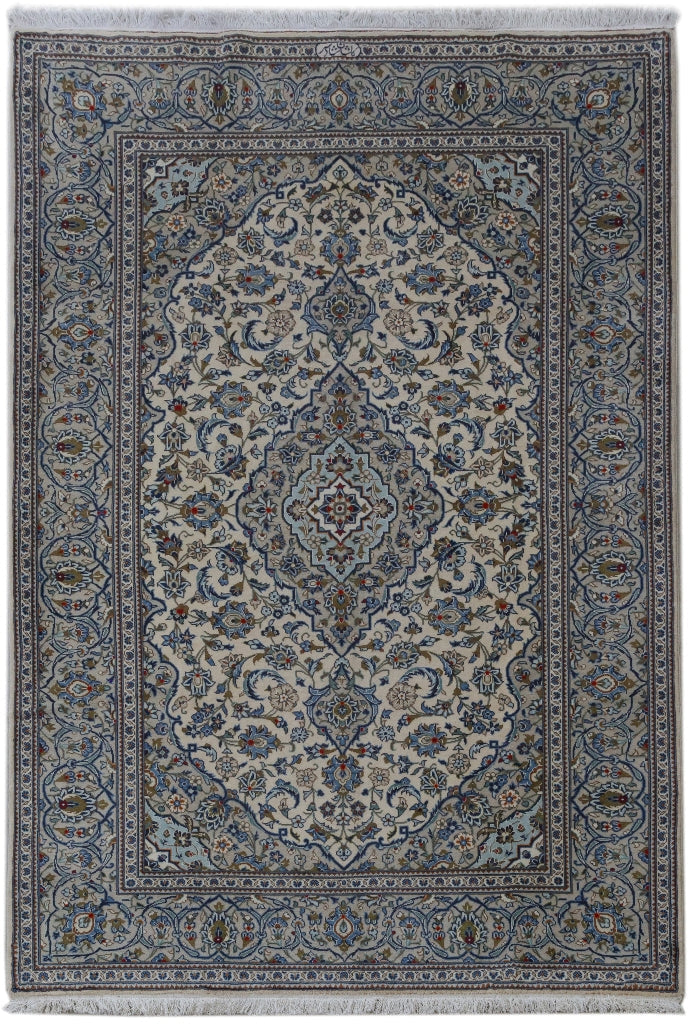 7' x 10' Ivory Persian Signed Kashan Rug