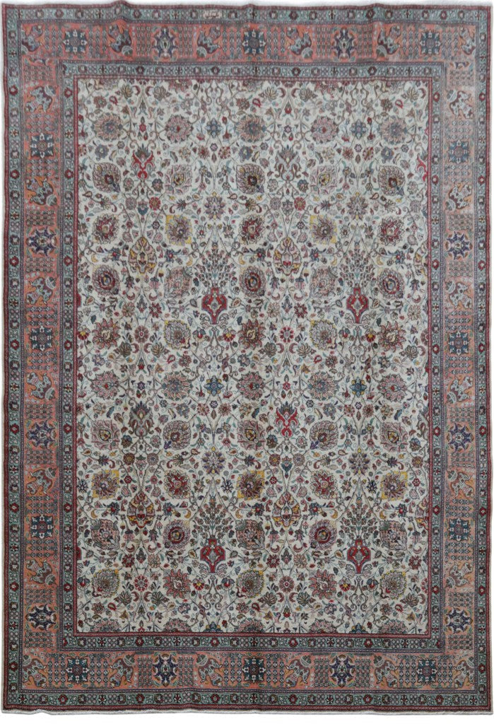 11' x 16'  Multi Color Signed Persian Tabriz Rug Ivory/ Pink