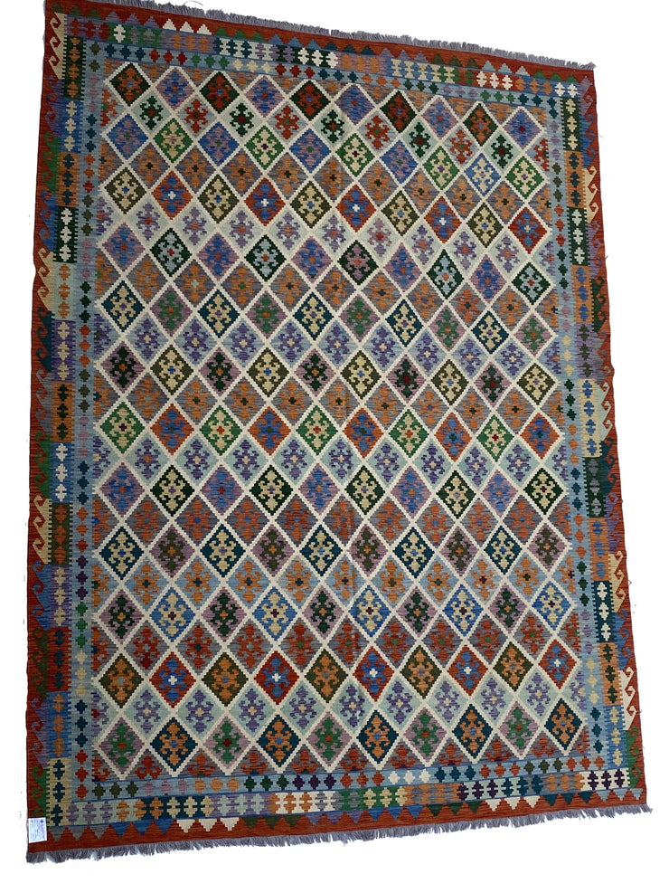 10' x 13' Multi-Color Ivory Kilim Rug