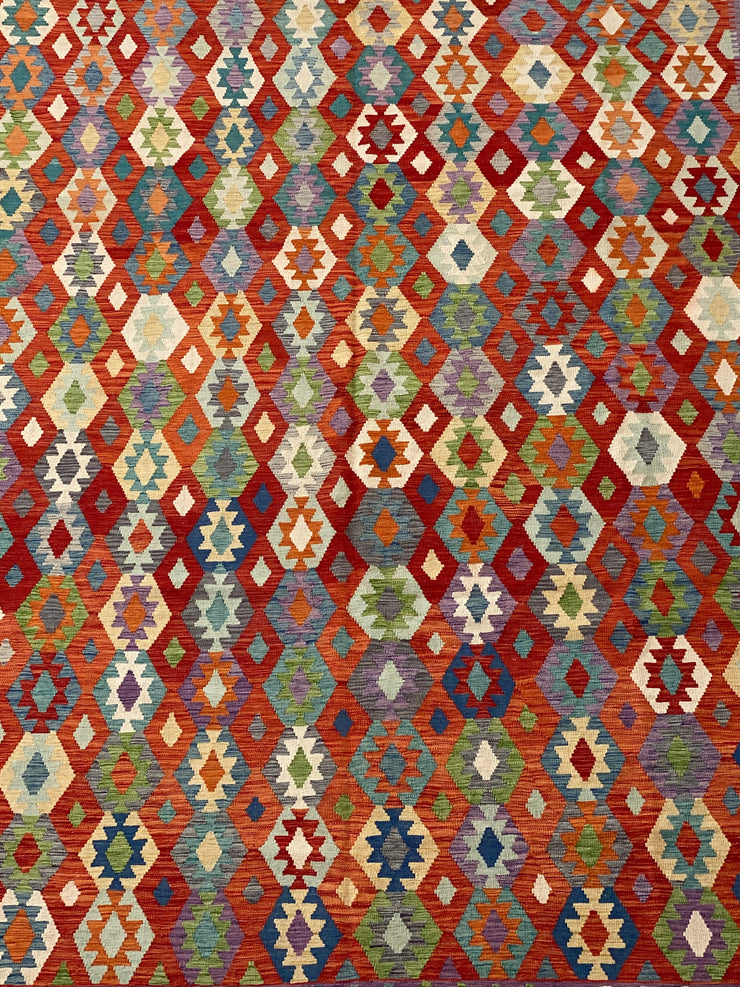 10' x 13' Multi-Color Red Kilim Rug