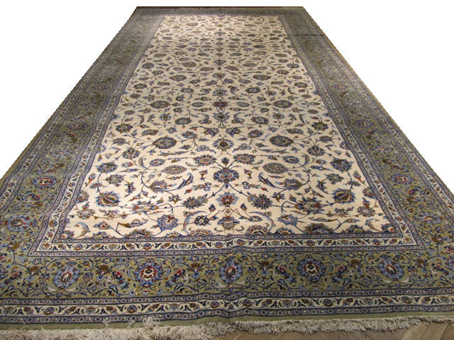 9' x 18' Ivory Persian Kashan Rug