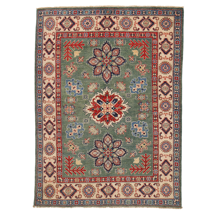 5' x 6' Beautiful Handmade Olive Sage Green Kazak Rug- Natural Wool