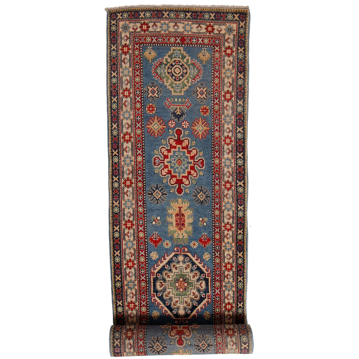 3' x 10' Beautiful Handmade Blue Kazak Rug- Natural Wool