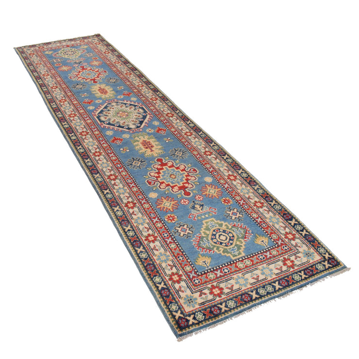 3' x 10' Beautiful Handmade Blue Kazak Rug- Natural Wool