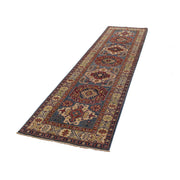 3' x 10' Beautiful Handmade Blue Kazak Rug- Natural Wool