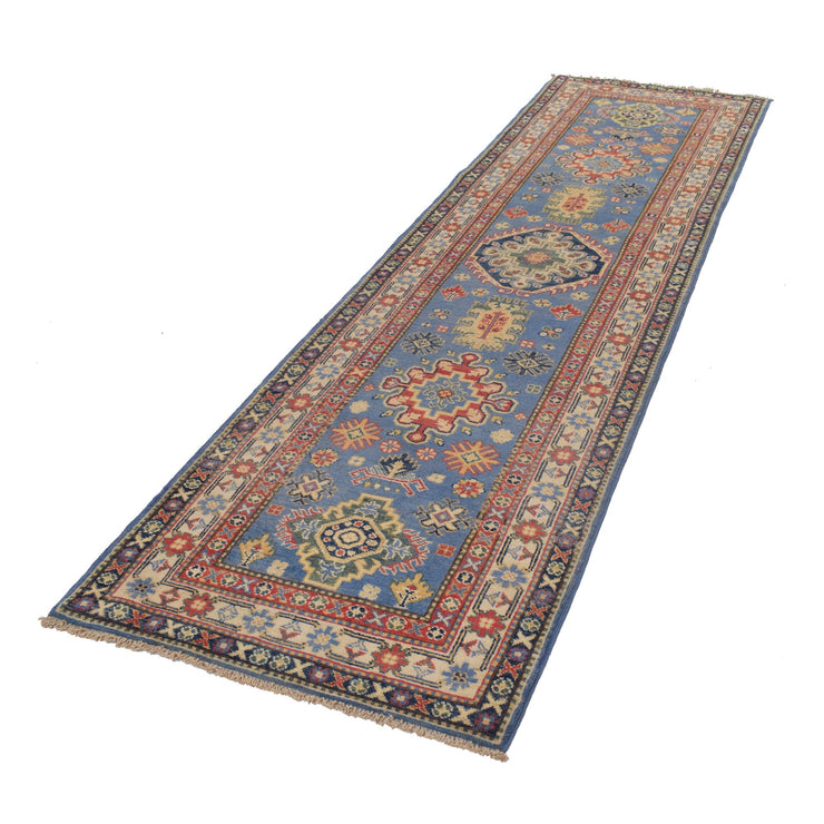 3' x 10' Beautiful Handmade Blue Kazak Rug- Natural Wool