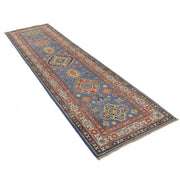 3' x 10' Beautiful Handmade Blue Kazak Rug- Natural Wool