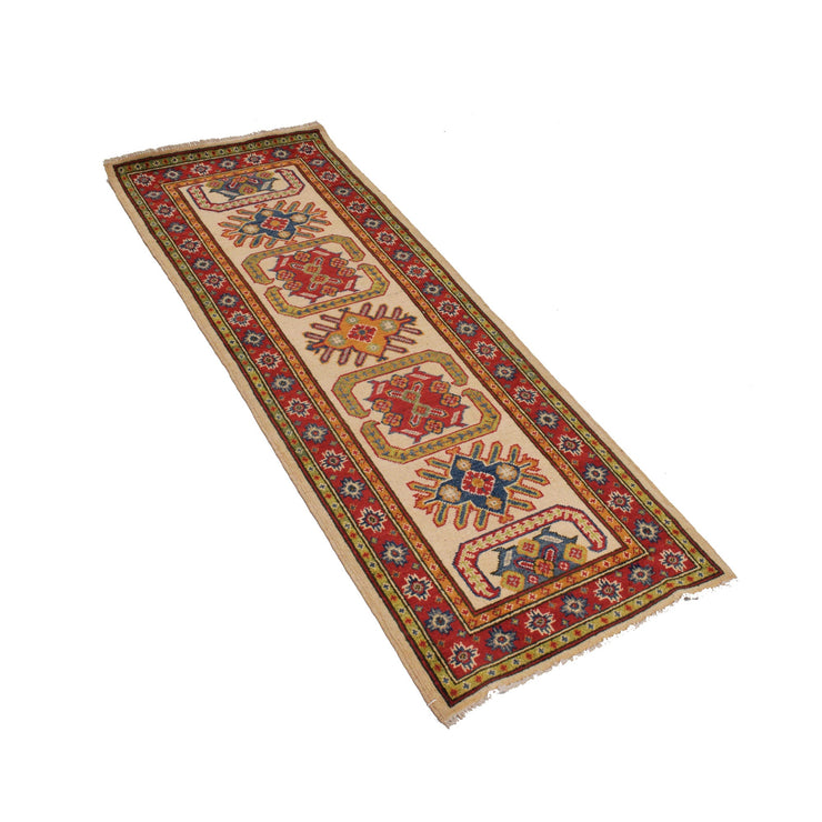 2' x 6' Beautiful Handmade Ivory Kazak Rug- Natural Wool