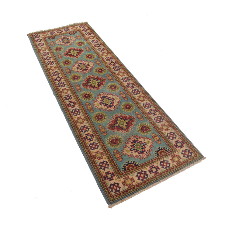 2' x 6' Beautiful Handmade Tea Green Kazak Rug- Natural Wool