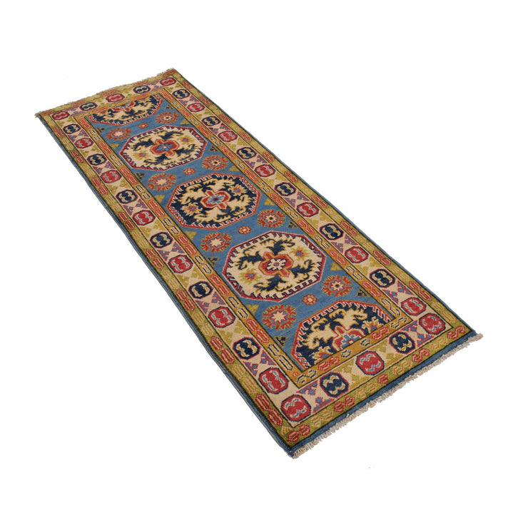 2' x 6' Beautiful Handmade Blue Kazak Rug- Natural Wool