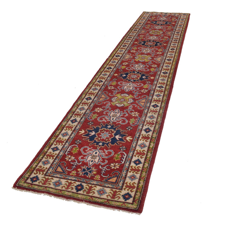 3' x 13' Beautiful Handmade Berry Red Kazak Rug- Natural Wool