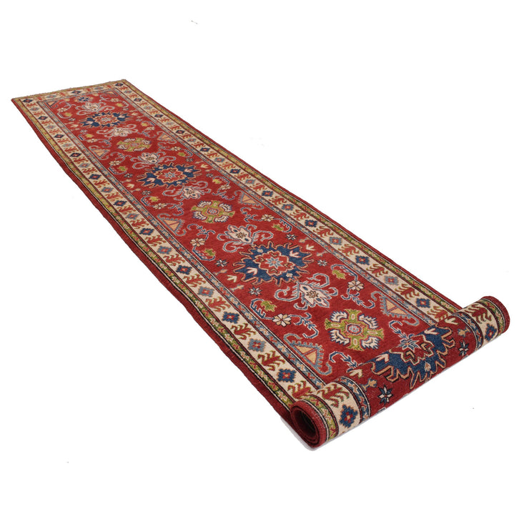 3' x 13' Beautiful Handmade Berry Red Kazak Rug- Natural Wool