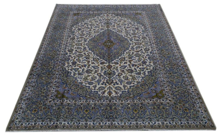 10x14 IVORY BLUE Persian Signed Kashan Rug - Iran 81223 - bestrugplace