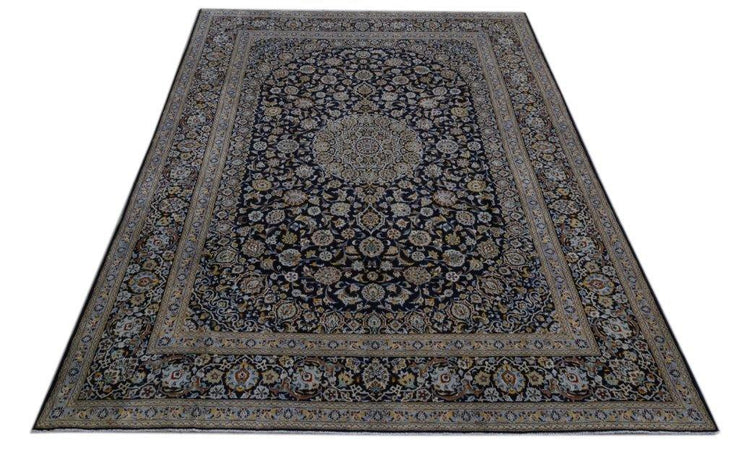 10x13.9 Navy Blue Perfect Persian Signed Kashan Arbabi Rug - Iran 81262 - bestrugplace